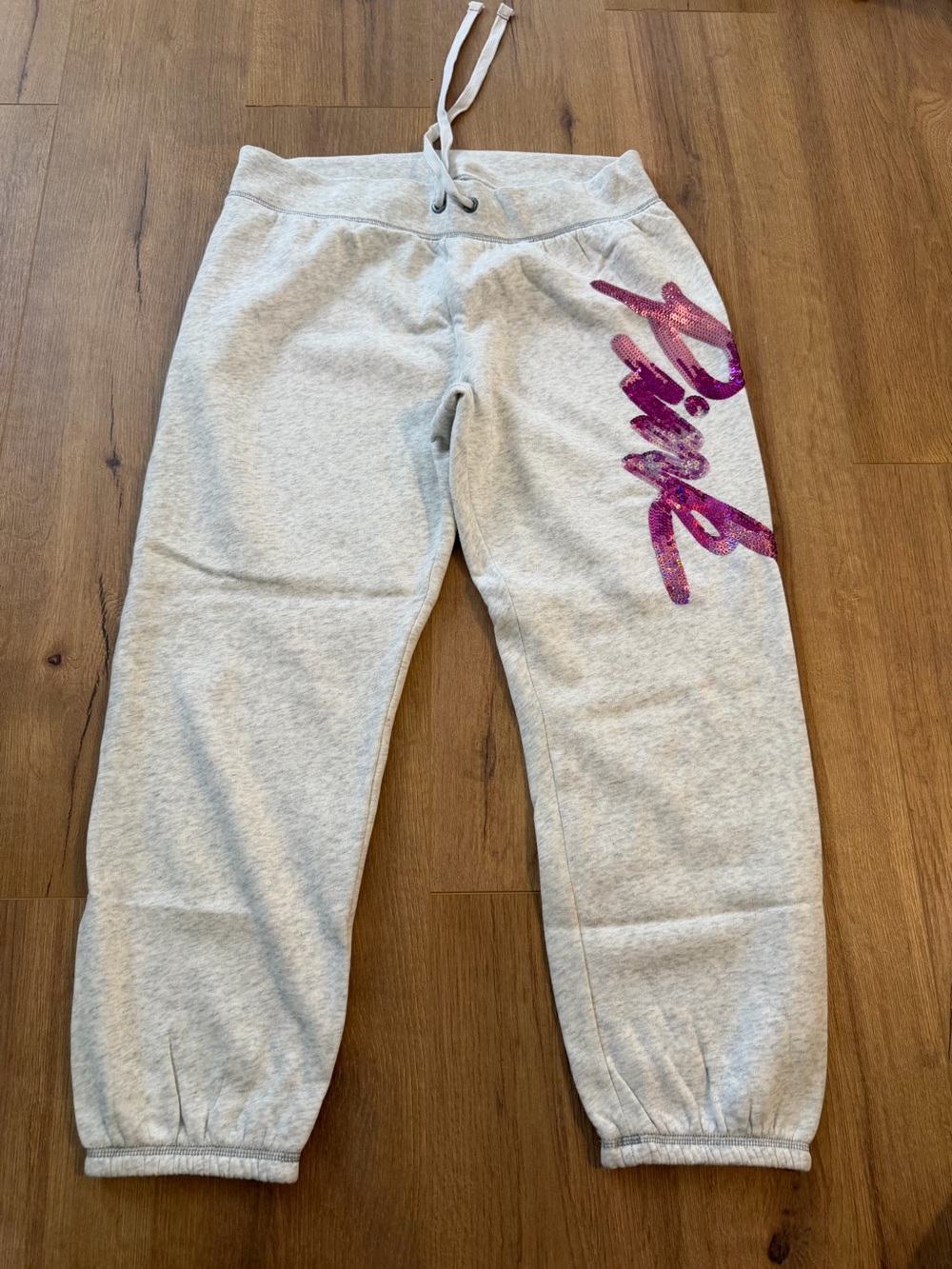 PINK Grey Sweatpants with Pink Script Graphic
